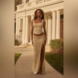 Pretty Little Thing cream floral corset top and maxi skirt set